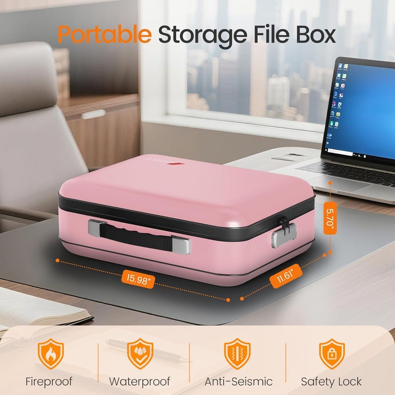GOELF Fireproof Document Box with Lock, 5200°F Fireproof Water Resistant Hard Case File Organizer Safe Box for Important Documents, Certificates, Laptop, Passports (Pink) - Image 2